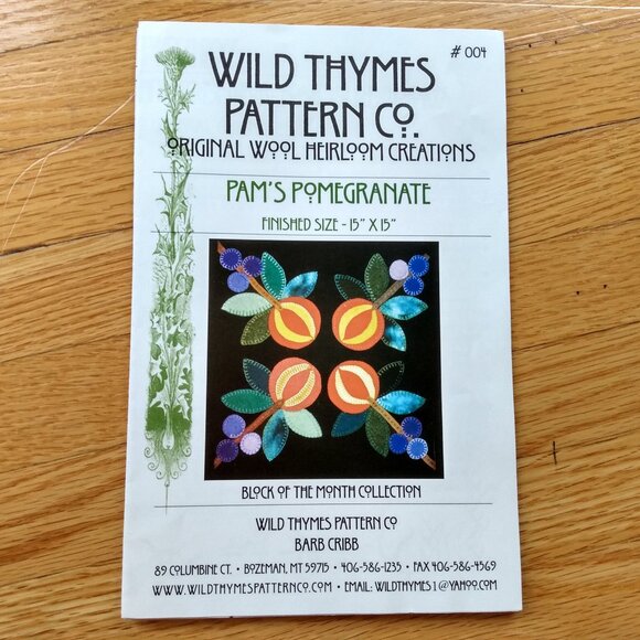 Vintage Pomegranate Quilt Block Sewing Pattern Felted Wool 90s Wild Thymes - Picture 1 of 6